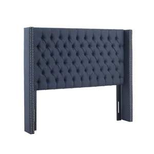Amelia Queen Upholstered Wingback Headboard with Button Tufting & Nailhead Trim - Navy