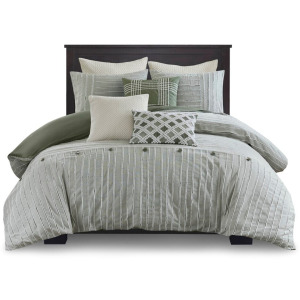 Essence Queen Oversized Cotton Clipped Jacquard Comforter Set with Euro Shams and Throw Pillows - Green