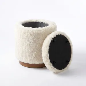 Nicole Miller Frost Faux Fur Round Storage Ottoman with Wood Plinth - Cream