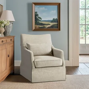 London London Upholstered Skirted Swivel Armchair with Lumbar Pillow - Beige Multi