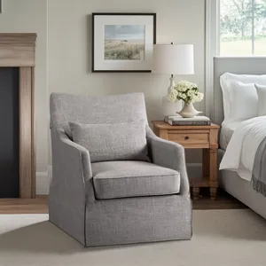 London London Upholstered Skirted Swivel Armchair with Lumbar Pillow - Grey