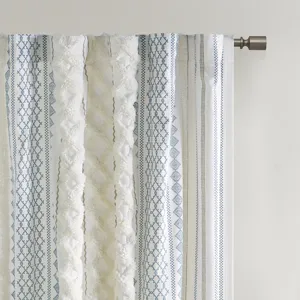 Imani Cotton Printed Curtain Panel with Chenille Stripe and Lining - White/Navy