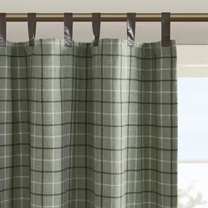 Anaheim Plaid Faux Leather Tab Top Curtain Panel with Fleece Lining - Green