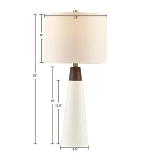 Tristan Triangular Ceramic and Wood Table Lamp - White Base/Cream Shade