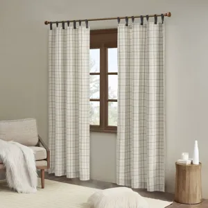 Anaheim Plaid Faux Leather Tab Top Curtain Panel with Fleece Lining - Natural