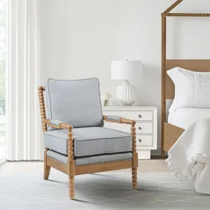 Donohue Turned Wood Frame Armchair - Light Blue/Camel Oak