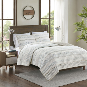 Fraser King/California King 3 Piece Printed Microfiber Seersucker Quilt Set - Taupe/Blue