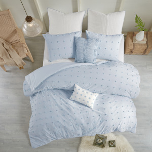Brooklyn Full/Queen Cotton Jacquard Comforter Set with Euro Shams and Throw Pillows - Blue
