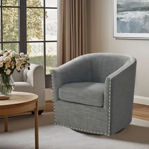 Tyler Upholstered Swivel Barrel Chair with Nailheads - Grey