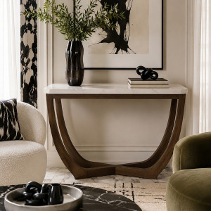 Nicole Miller Calvedra Curve Marble-Look Console Table with Curved Walnut Wood Legs - White Marble/Walnut