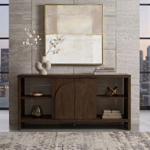 Nicole Miller Bellcourt Arch Media Console with Arched Door Storage & Open Shelves - Walnut Brown