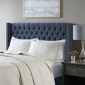 Amelia Queen Upholstered Wingback Headboard with Button Tufting & Nailhead Trim - Navy