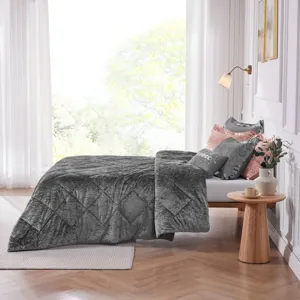 Felicia King/California King Velvet Comforter Set with Throw Pillow - Grey