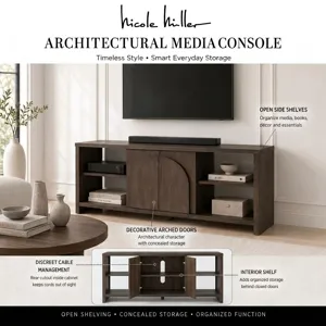 Nicole Miller Bellcourt Arch Media Console with Arched Door Storage & Open Shelves - Walnut Brown