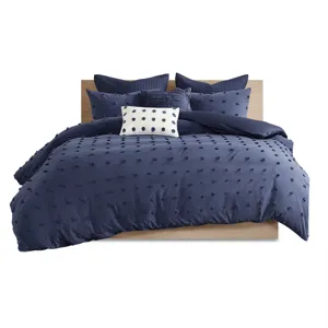 Brooklyn Full/Queen Cotton Jacquard Comforter Set with Euro Shams and Throw Pillows - Navy