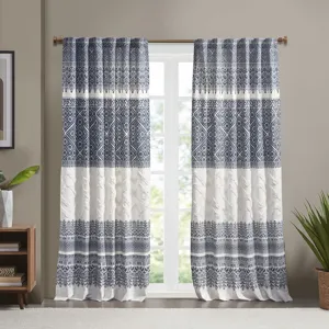 Mila Cotton Printed Curtain Panel with Chenille detail and Lining - Navy
