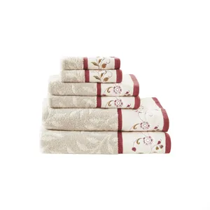 Serene Embroidered Cotton Jacquard 6 Piece Towel Set - Red