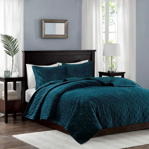 Harper Faux Velvet Reversible 3 Piece King/Cal King Coverlet Set - Teal