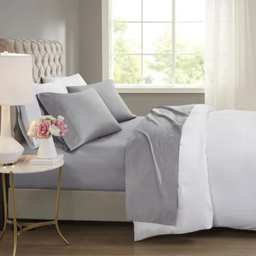 600 Thread Count Queen Cooling Cotton Blend 4 PC Sheet Set - Grey