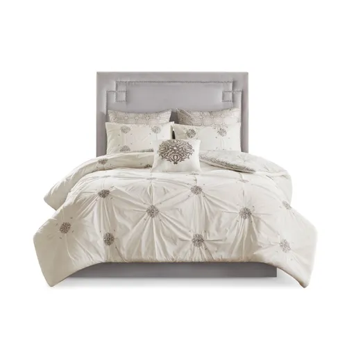 Malia 6 Piece Embroidered Cotton Reversible Full/Queen Comforter Set - Ivory