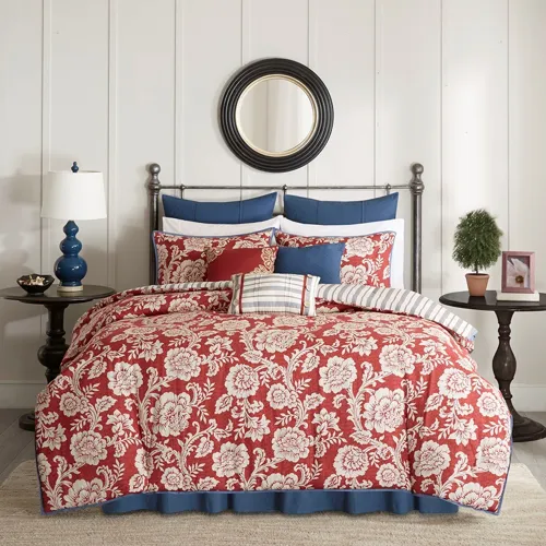 Lucy 9 Piece Cotton Twill Reversible Queen Comforter Set - Red