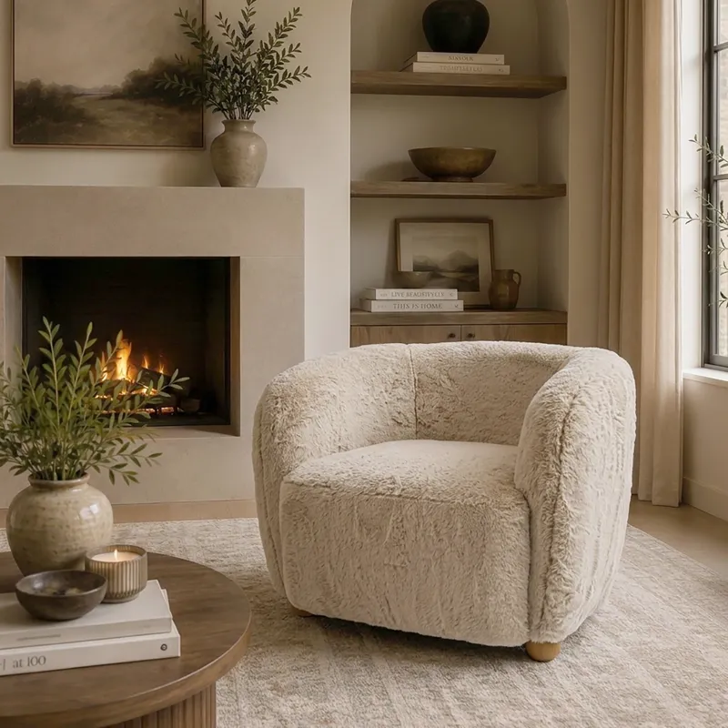 Nicole Miller Merlow Faux Fur Barrel Accent Chair - Ivory