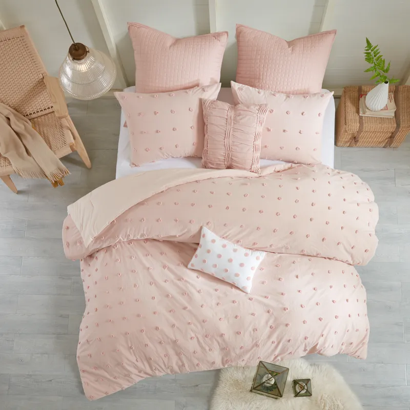 Brooklyn Full/Queen Cotton Jacquard Comforter Set with Euro Shams and Throw Pillows - Pink