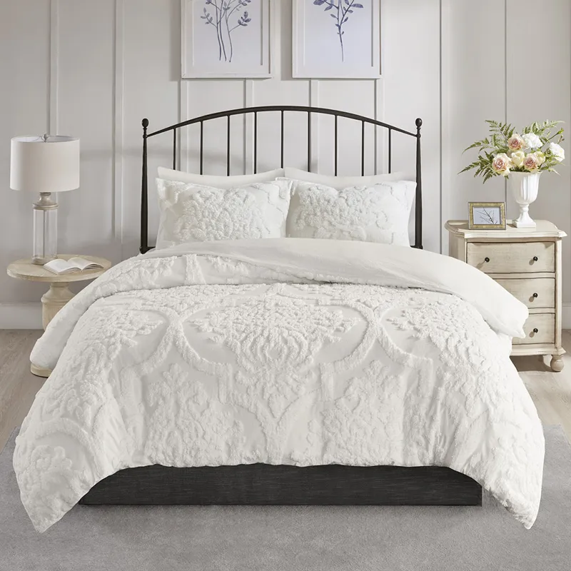 Madison Park Viola 3 Piece Tufted Cotton Chenille Damask Duvet Cover Set