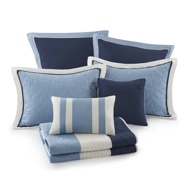 Attingham King/California King 7 Piece Quilt Set with Euro Shams and Throw Pillows - Navy