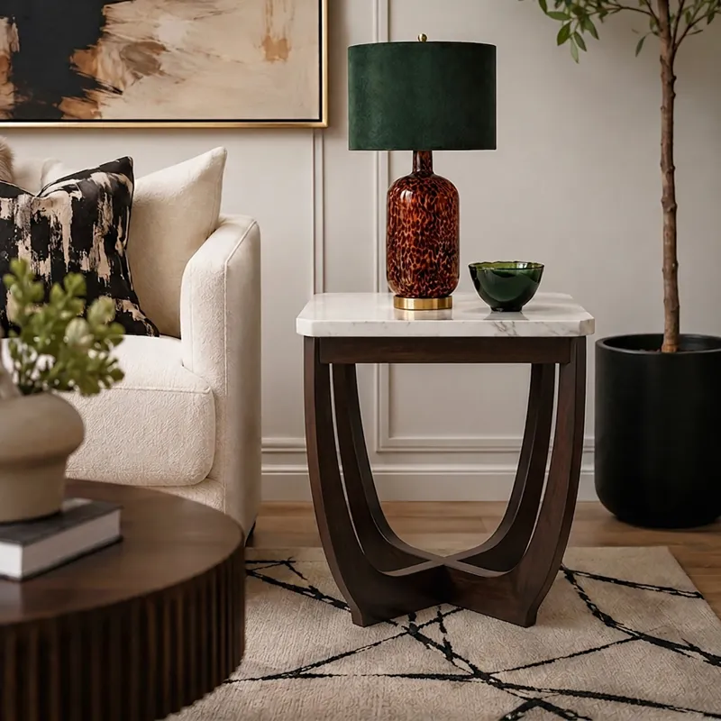 Nicole Miller Calvedra Curve Marble-Look End Table with Curved Walnut Wood Base - White Marble/Walnut