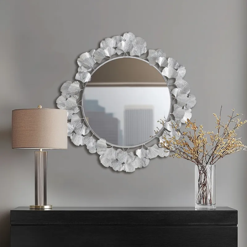 Eden Gingko Leaf Round Wall Mirror 30.5” - Silver