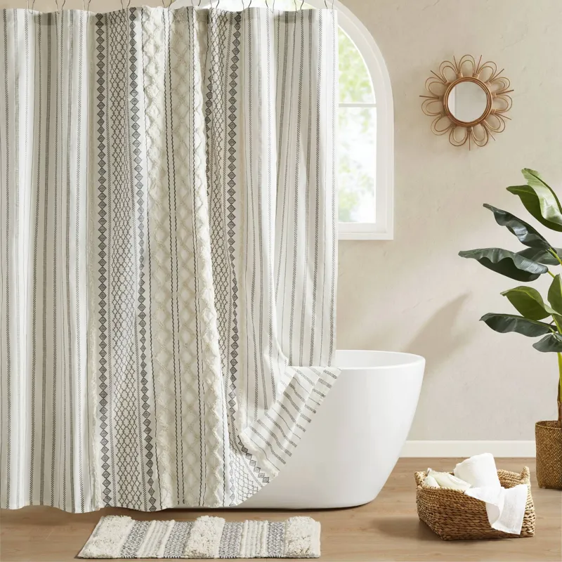 INK+IVY Imani Cotton Printed Shower Curtain with Chenille