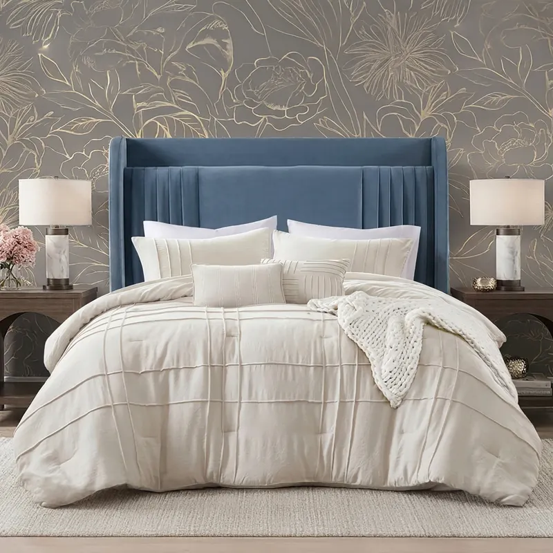 Nicole Miller Corvina Full/Queen Ruched Velvet Headboard with Built-In AC Power, USB & USB-C Charging - Full/Queen - Slate Blue