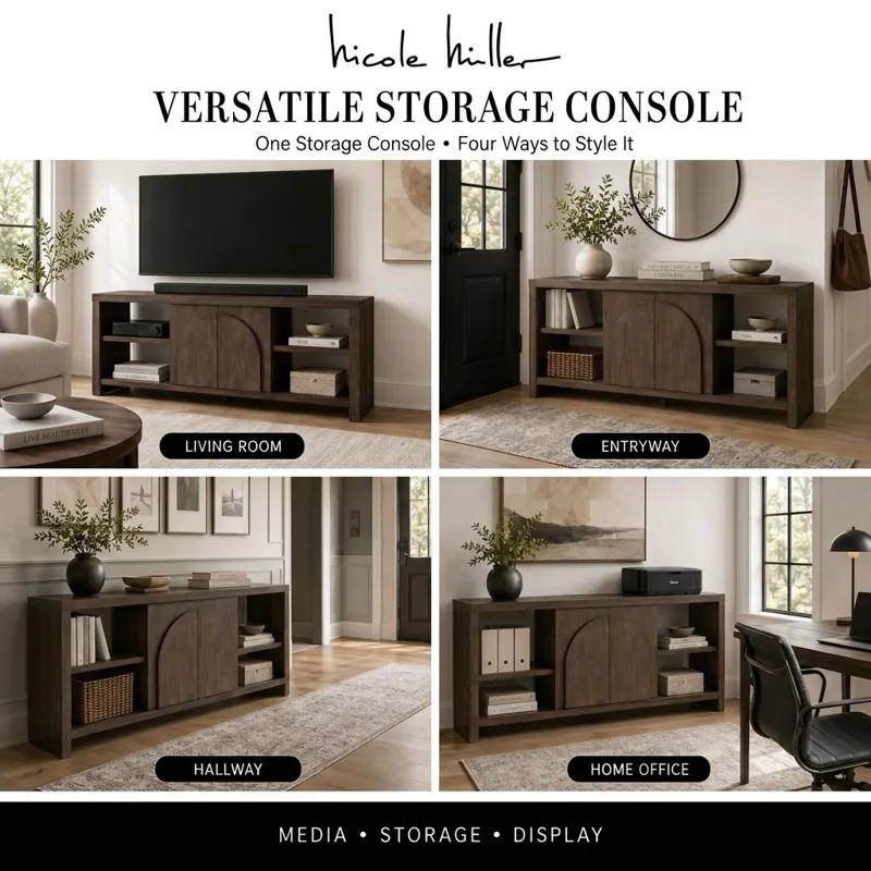 Nicole Miller Bellcourt Arch Media Console with Arched Door Storage & Open Shelves - Walnut Brown