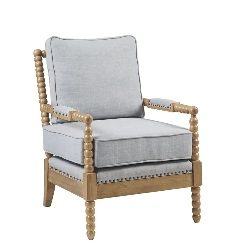 Donohue Turned Wood Frame Armchair - Light Blue/Camel Oak