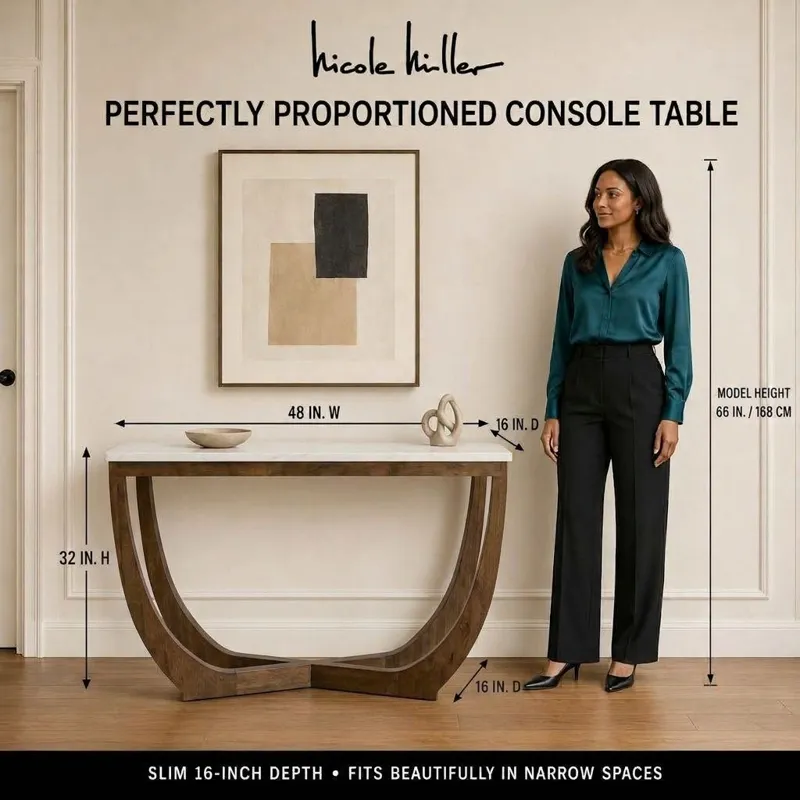 Nicole Miller Calvedra Curve Marble-Look Console Table with Curved Walnut Wood Legs - White Marble/Walnut