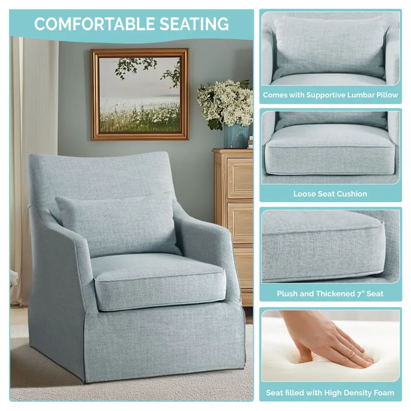 London London Upholstered Skirted Swivel Armchair with Lumbar Pillow - Light Blue