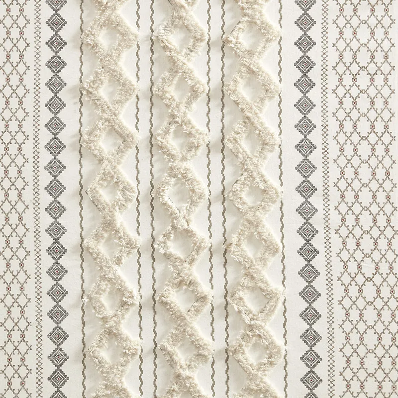 Imani Cotton Printed Curtain Panel with Chenille Stripe and Lining - Ivory