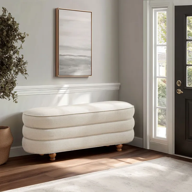 Madison Park Kylan Oval Channel Storage Bench with Wooden Ball Feet - Cream
