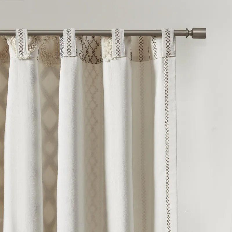 Imani Cotton Printed Curtain Panel with Chenille Stripe and Lining - Ivory