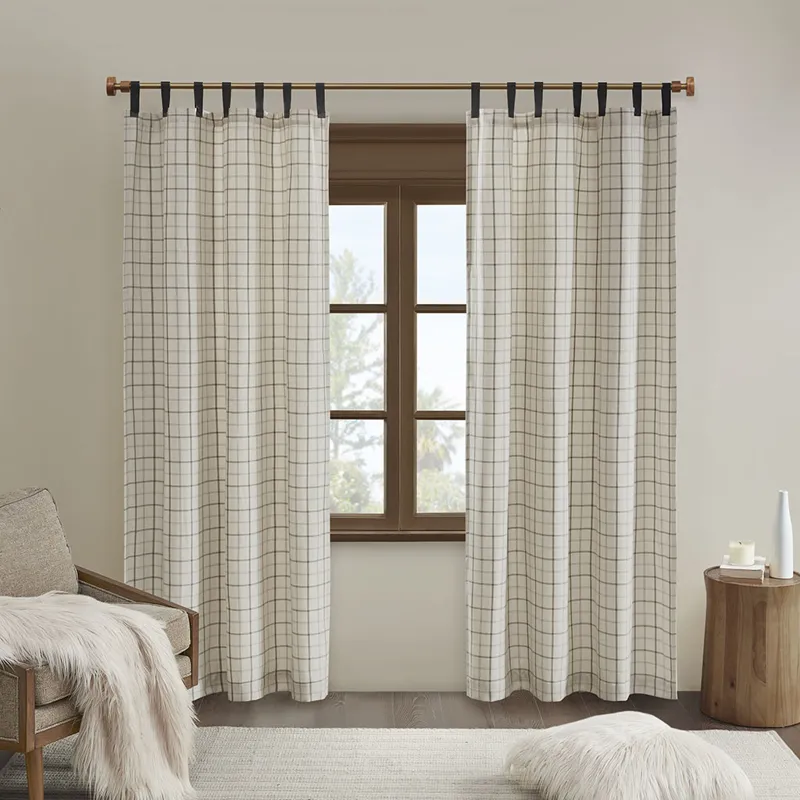 Anaheim Plaid Faux Leather Tab Top Curtain Panel with Fleece Lining - Natural