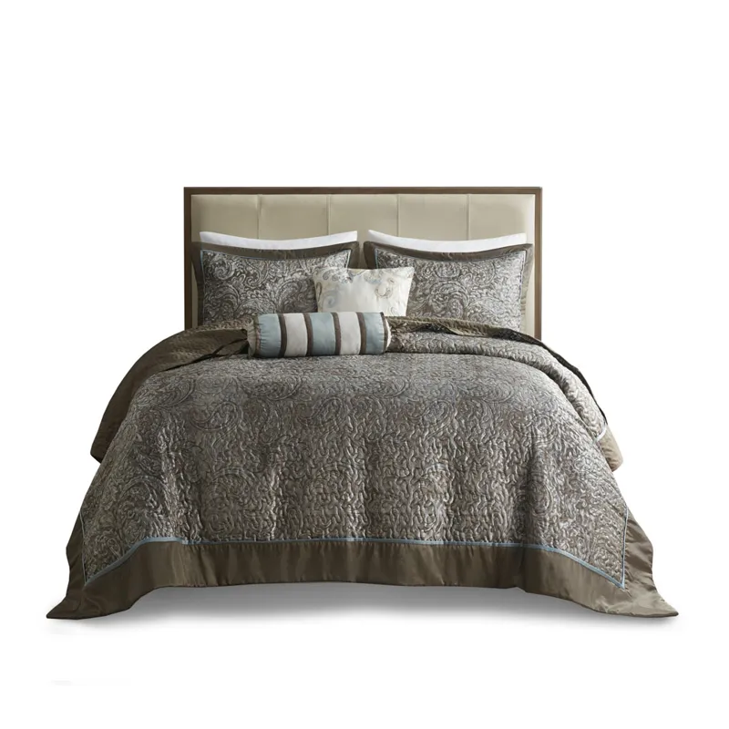 Aubrey King 5 Piece Jacquard Bedspread Set with Throw Pillows - Blue/Brown