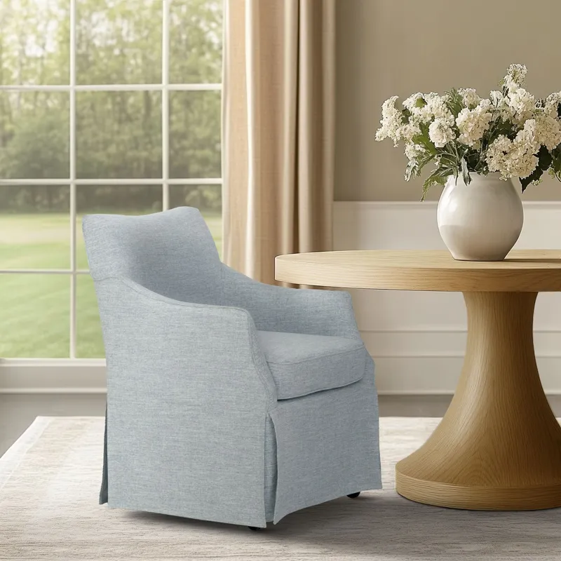 London Upholstered Skirted Dining Arm Chair with Hidden Casters - Light Blue