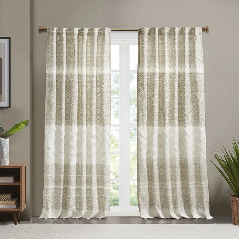 Mila Cotton Printed Curtain Panel with Chenille detail and Lining - Taupe