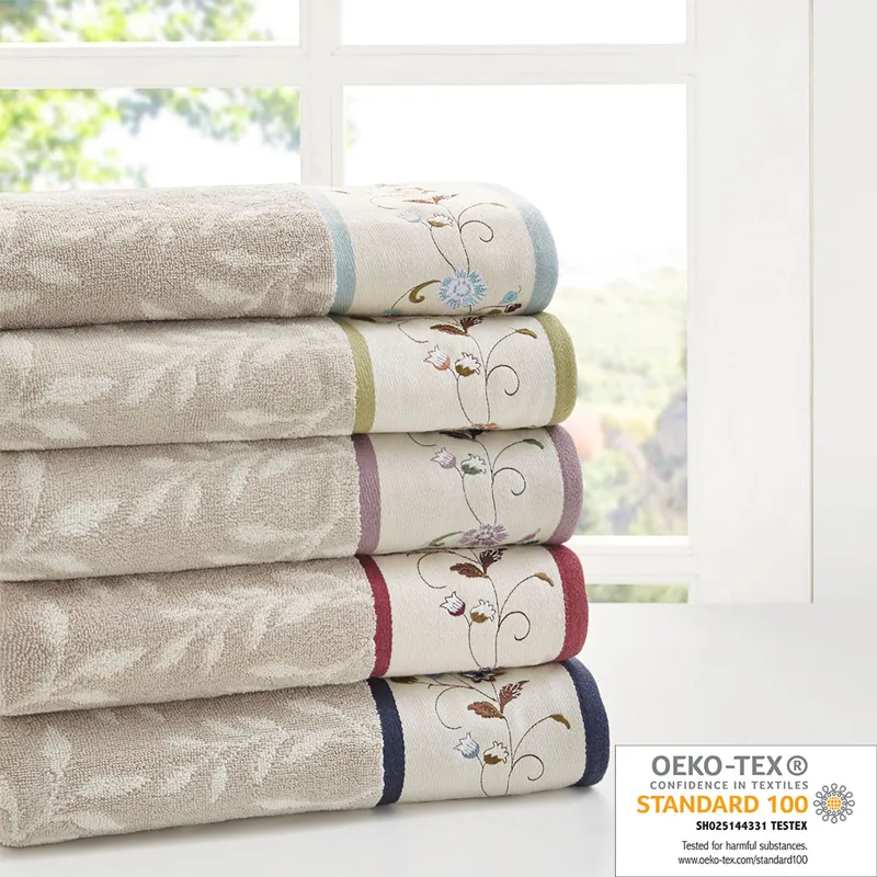 Serene Embroidered Cotton Jacquard 6 Piece Towel Set - Blue