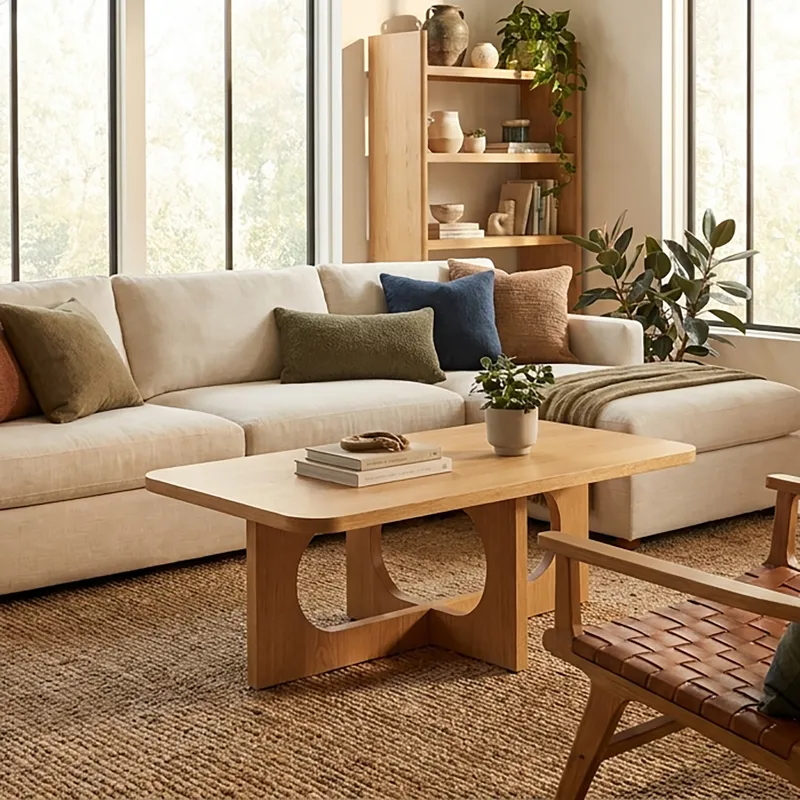 INK+IVY Devon 48" Sculptural Wood Coffee Table with Cutout Base - Natural Oak