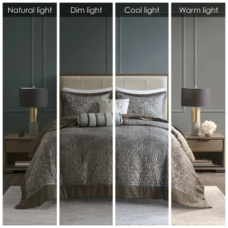 Aubrey King 5 Piece Jacquard Bedspread Set with Throw Pillows - Blue/Brown