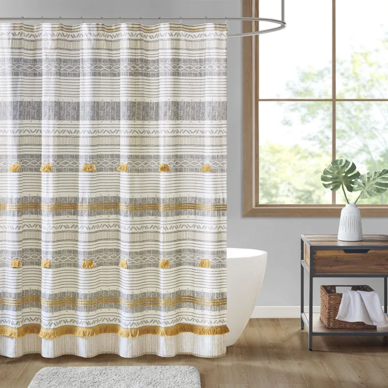 INK+IVY Cody Cotton Stripe Printed Shower Curtain with Tassel - Gray/Yellow