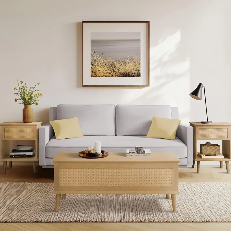 Teagan Rattan Accent Side Table with Drawer Storage & Lower Open Shelf - Natural