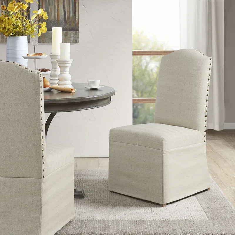 Foster Set of 2 High Back Dining Chairs with Skirts - Beige